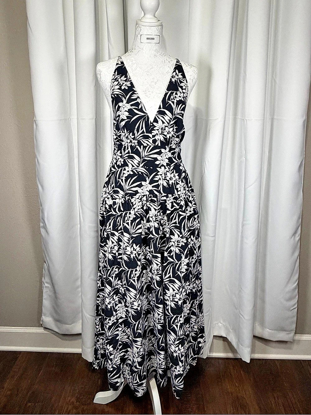 Madewell Women’s Size 6 Navy White Floral Cotton Maxi Dress Criss Cross Back